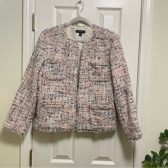 Ann Taylor Cream with blue pink specs tweed fringe blazer jacket L - Picture 1 of 7